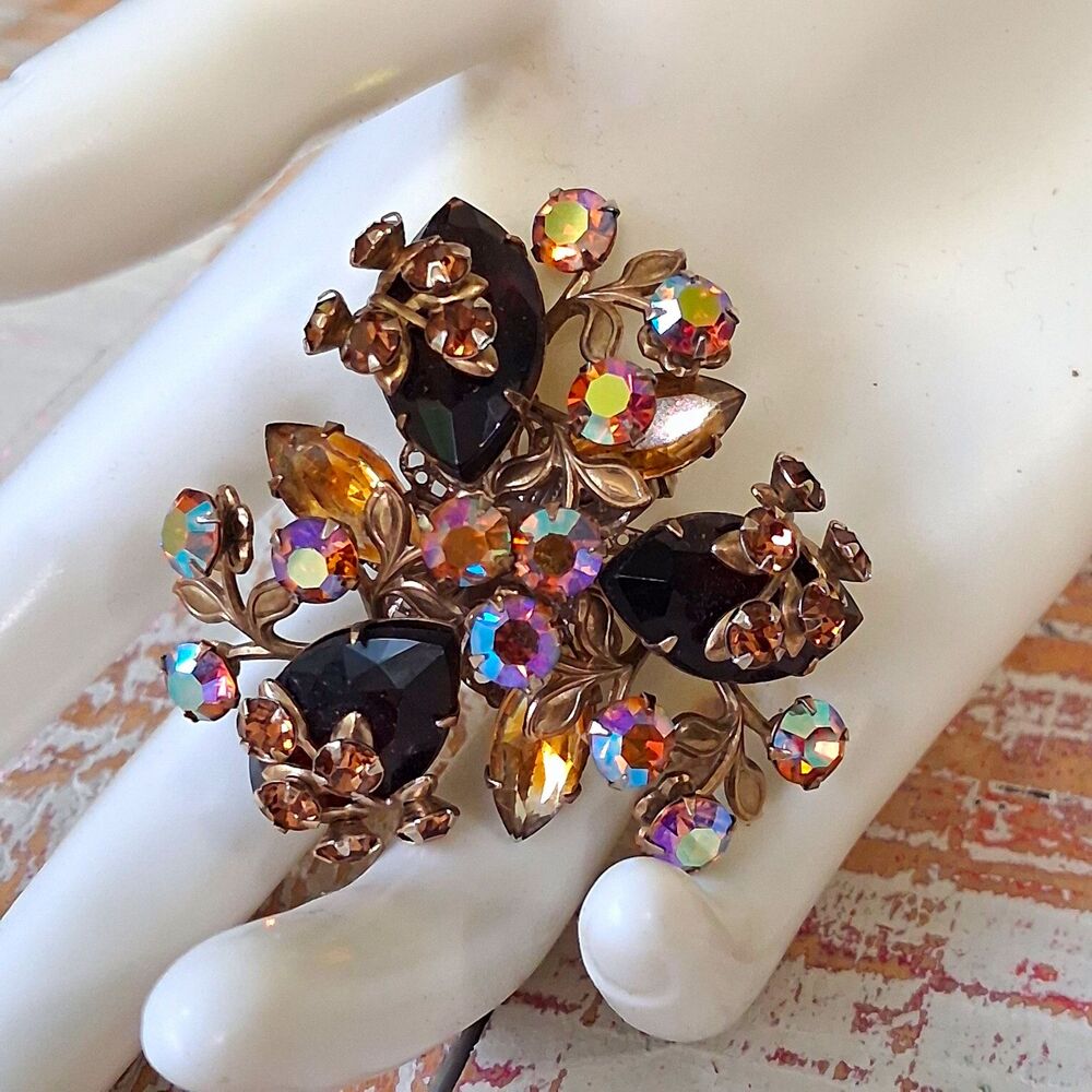Vintage Judy Lee Amber Flower Brooch Pin Aurora Borealis MCM Grandmacore Autumn